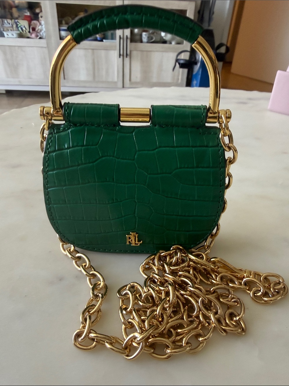 Ralph Lauren Green Croc-Embossed Mini Shoulder Bag with Gold Chain